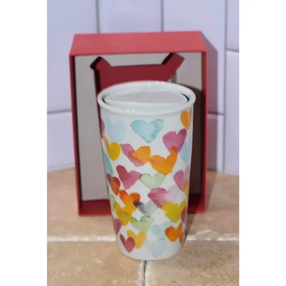 Starbucks Watercolor Hearts DOT 10 oz Ceramic Travel Tumbler Coffee Mug 2015 NWT